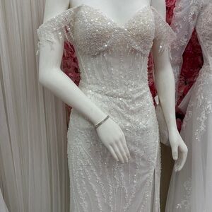 Dancing Queen Off-Shoulder Beaded Wedding Dress - White